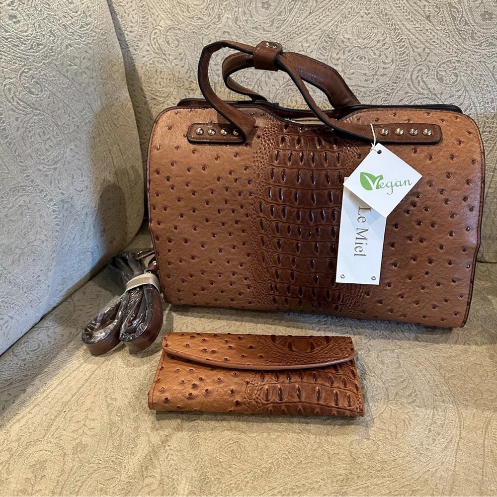 Le Miel Handbag And Wallet Faux Ostrich Vegan With Metal Filigree Hard To Find